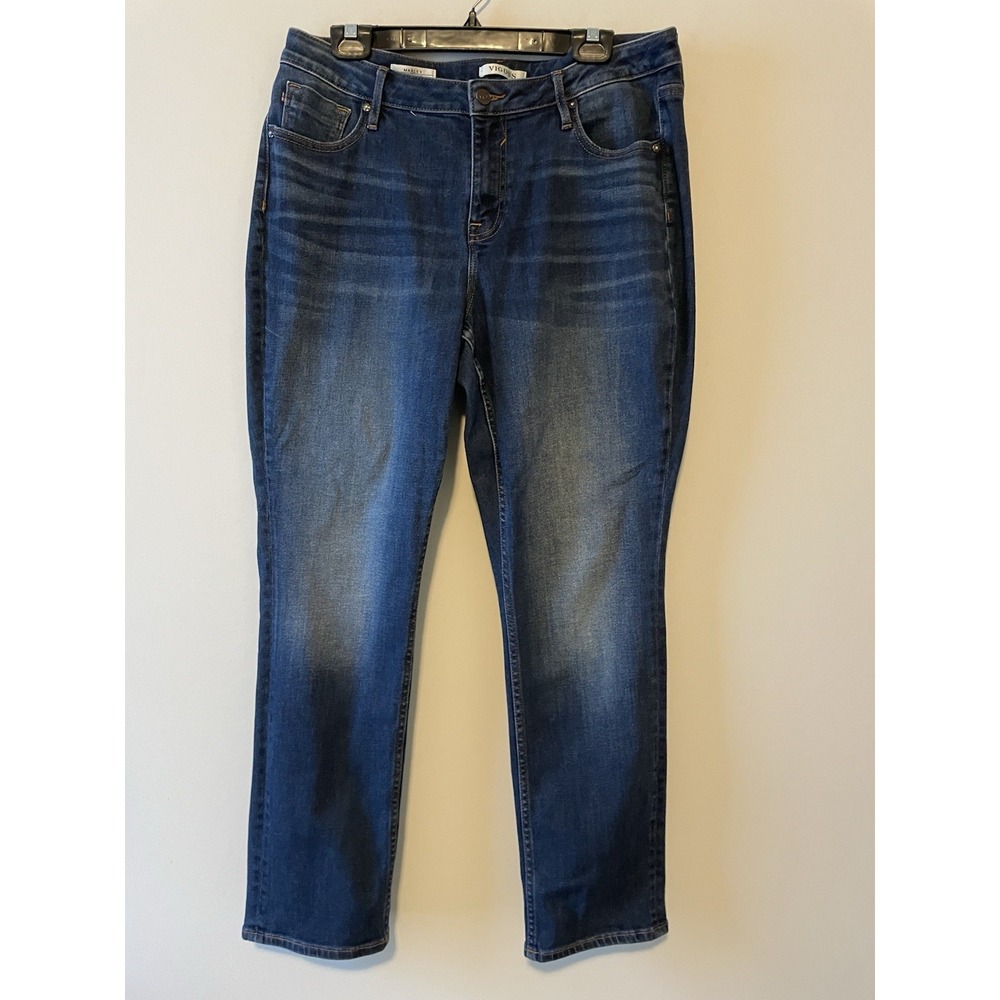 Vigoss Jeans Womens 14 Dark Wash Straight Leg Stretch Whiskered Faded Y2K
